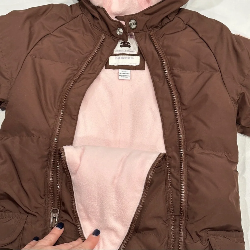 Gap babyGAP Brown Pink Down Filled Bunting Winter Hooded Snowsuit - Picture 4 of 11